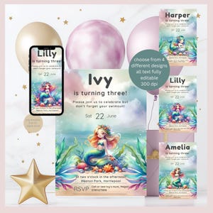 Faire-part de sirène, invitation d'anniversaire modifiable, célébration sous la mer, téléchargement immédiat, fête de sirène rose, modèle numérique, 6e anniversaire