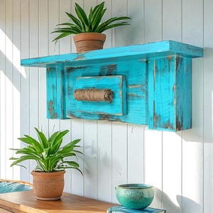 May include: A rustic, turquoise-painted wooden shelf with a distressed finish, featuring a central rectangular design with a rope detail. The shelf is mounted on a white wall, with potted plants and a wooden cabinet below. The scene is bathed in natural light.