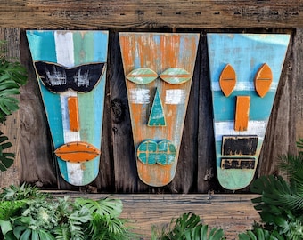 Tropical Beach House Wall Accents Tiki Bar Mancave Signs Coastal Living Gift Idea Primitive Tribal Home Decor Beach Brothers Tiki Masks