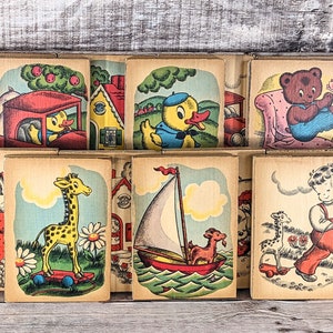 Salvaged 1945 Nursery Book Pages Wall Plaques, Old Book Pages Over Wood, Childs Room Wall Hangings, Collectable Salvaged Ephemera