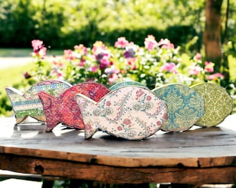 Distressed Vintage Style Papered Wooden Fish, Coastal Living Home Accents, Mellow Minnows Wooden Fish Décor, Coworker Gift, Tropical Themed