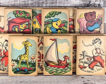 Salvaged 1945 Nursery Book Pages Wall Plaques, Old Book Pages Over Wood, Childs Room Wall Hangings, Collectable Salvaged Ephemera