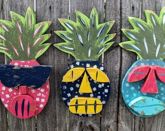 Bright Tropical Pineapple Tiki Set, Hawaiian Style Wall Art, Beach Wedding Décor Accents, Whimsical Wall Hangings