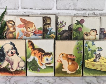 Vintage Style Cute Baby Animals Wall Decor, Old Book Pages Over Wood, Childs Room Wall Hangings, Collectable Salvaged Ephemera