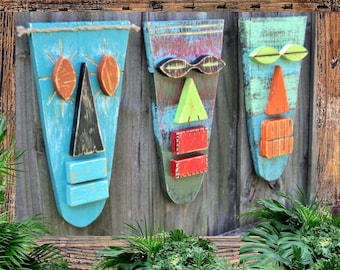 Whimsical Tiki Bar Decor Tribal Home Accent Primitive Tiki Mask Set Handmade Wall Art Wooden Tropical Coastal Beach Wedding Decor Gift idea