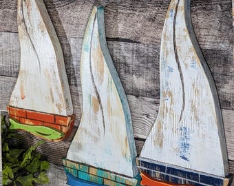 Nautical Nursery Swimming Fish Decor Ocean Themed Whimsical Weathered Style Sailboat Rustic Wooden Sailboat Wall Hanging All Hands On Deck