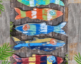 Larger Fish Ocean Themed Beach Lover Gift Idea Vintage Style Nautical Minnow Wall Hangings Weathered Wooden Fish Whimsical Nursery Decor