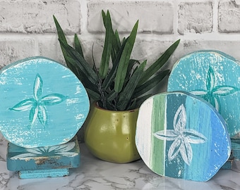 Beachy Wooden Sand Dollar Beach House Décor, Tropical Turquoise Hand Painted Bowl Fillers, Coastal Style Shelf Sitter, Housewarming Gift