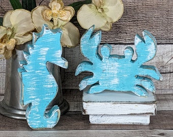 Seahorse & Crab Tiered Tray Accent Pieces, Coastal Centerpiece Décor, Tropical Beach Wedding Favors And Keepsake Gifts, Shelf Sitters