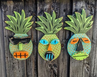 SWEET Pineapple 3 Piece Tiki Set, Whimsical Tropical Themed Nursery, Handmade Pineapple Art, Tiki Bar Wall Hanging, Hawaiian Tiki Room