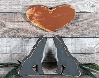 Miniature Howling Coyote Full Heart Moon, Handmade Rustic Southwestern Tiered Tray Accents, Whimsical Valentine Heart Wall Decor