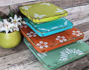 Rustic Boho Display Risers in Tropical Tones, Sunflower Butterfly Fish Centerpiece  Trays, Hippie Candle Stand, Garden Wedding Decor
