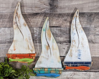 Nautical Nursery Sailboat Ocean Themed Whimsical Swimming Fish Decor Rustic Weathered Style Wooden Sailboat Wall Hanging All Hands On Deck