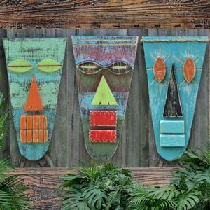 Primitive Tiki Mask Set Whimsical Tiki Bar Decor Handmade Wall Art Wooden Tribal Home Accent Tropical Coastal Beach Wedding Decor Gift idea