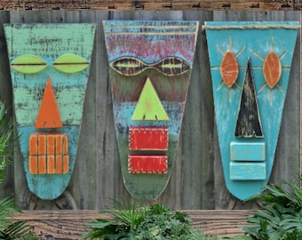 Primitive Tiki Mask Set Whimsical Tiki Bar Decor Handmade Wall Art Wooden Tribal Home Accent Tropical Coastal Beach Wedding Decor Gift idea