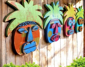 Sun Worshipper Pineapple Tiki Mask Whimsical Game Room Bar Sign Tropical Hawaiian Tiki Wall Hanging Wedding Accent Beach Bum Home Decor