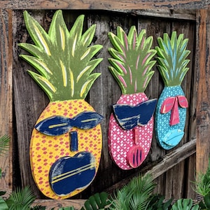 Bright Bold Pineapple Tiki Wall Decor Colorful Tiki Bar Signs Beach Lover Gift Idea Tropical Themed Whimsical Nursery Kitchen Wooden Fruit