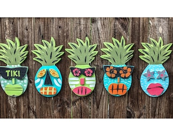 5 Piece Whimsical Pineapples Wall Hanging Set, Colorful Tiki Bar Décor, Retro Hawaiian Island Wall Art, Tropical Beach House Gift