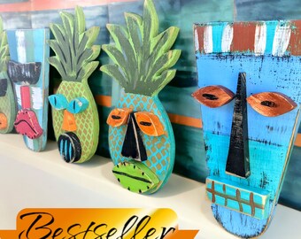 Five Piece Tropical Tiki Mask Set Tiki Bar Signs Color Hawaiian Décor Coastal living Tiki Wall Art Tribal Mask Tiki Gift
