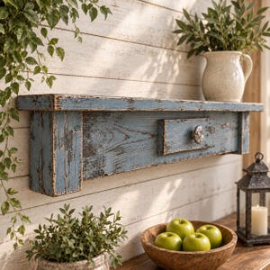 May include: A wall-mounted wooden floating shelf featuring a distressed blue paint finish, a single drawer with a round decorative knob, and a rectangular structure. The shelf is constructed from wood with visible grain and worn edges.