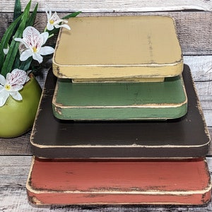 Medium & Large Rustic Display Risers in Earth Tones, Wooden Platform Serving Trays, Large Candle Stand, Tiered Tray Pedestal Accent