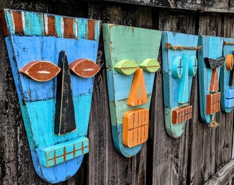 Five Piece Tiki Set, Tiki Bar Signs, Wall Art, Hawaiian Tiki, Tiki Art, Tiki Bar, Coastal living, Tribal Mask, Tropical Décor, Tiki Gift