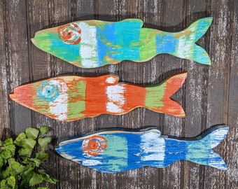 Vintage Style Minnow Wall Hangings Nautical Office Accent Ocean Themed Beach Lover Gift Idea Weathered Wooden Fish Nursery Decor