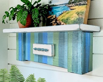 Beachy Striped Shelf Storage Powder Room Organizer Island Style Kitchen Decor Country Cottage Photo Ledge Coastal Farmhouse Book Display