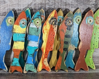 Ocean Themed Gift Idea Wooden Fish Colorful Nursery Accent Minnow Decor Whimsical School Of Fish Office Nautical Wall Hanging Beach Lover