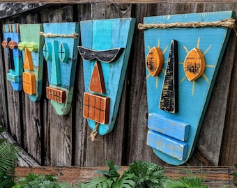 Five Piece Primitive Tribal Mask Decor Island Themed Wedding Tiki Accent Coastal Open House Vacation Home Staging Beach House gift Idea