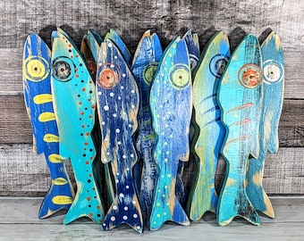 Tropical Blues Focused Nautical Nursery Whimsical School Of Fish Minnow Wall Decor Ocean Themed Beach Lover Gift Idea Wooden Fish Accent
