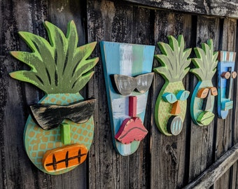 Five Piece Tiki Set, Whimsical Pineapple Tikis, Tiki Bar Signs