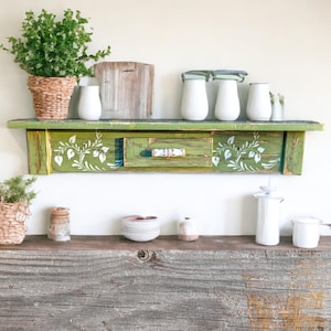 Vintage Inspired Handcrafted Wooden Shelf with Stenciled Rustic Country Charm Wooden Shelf Cottage Core Farmhouse Wall Décor Storage Shelf