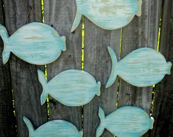 Colorful School Of Wooden Fish Coastal Farmhouse Living Wall Art Beach House Ocean Themed Nursery Office Coworker Gift