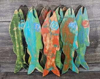 Weathered Wooden Fish Nursery Decor Vintage Style Minnow Wall Hangings Nautical Office Accent Ocean Themed Beach Lover Fisherman Gift Idea