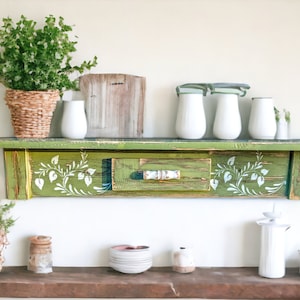 Vintage Inspired Handcrafted Wooden Shelf with Stenciled Rustic Country Charm Wooden Shelf Cottage Core Farmhouse Wall Décor Storage Shelf
