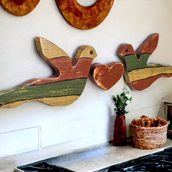 Rustic Country Wooden LOVE DOVES, Whimsical Bird Folk Art, Boho Heart Home Decor, Country Valentine Wedding Accents, Primitive Bird Decor