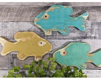 Chunky Fish In Soft Coastal Colors Whimsical School Of Fish Ocean Themed Nursery Beach Lover House Warming Gift Idea Wood Fish Wall Hanging