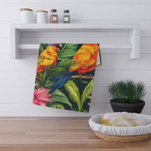 Tropical Paradise Tea Towels, Colorful Parrot Kitchen Towels, Floral Home Decor, Gift for Bird Lovers, Beach House Decor