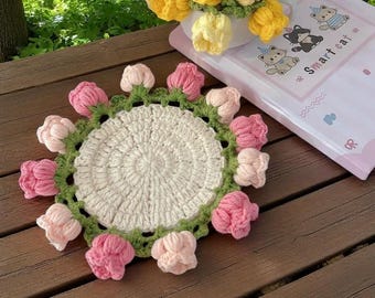 Handmade Crochet Tulip Flower Coaster With Basket, Crochet Rose Coasters, Crochet Flower Bouquet, Crochet Coaster, Gift for Her