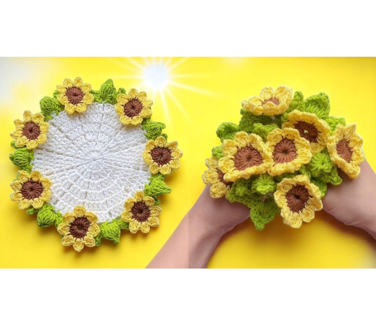 Handmade Crochet Sunflower Coaster With Basket, Crochet Rose Coasters, Crochet Flower Bouquet, Wedding Gift, Crochet Coaster, Gift For Her
