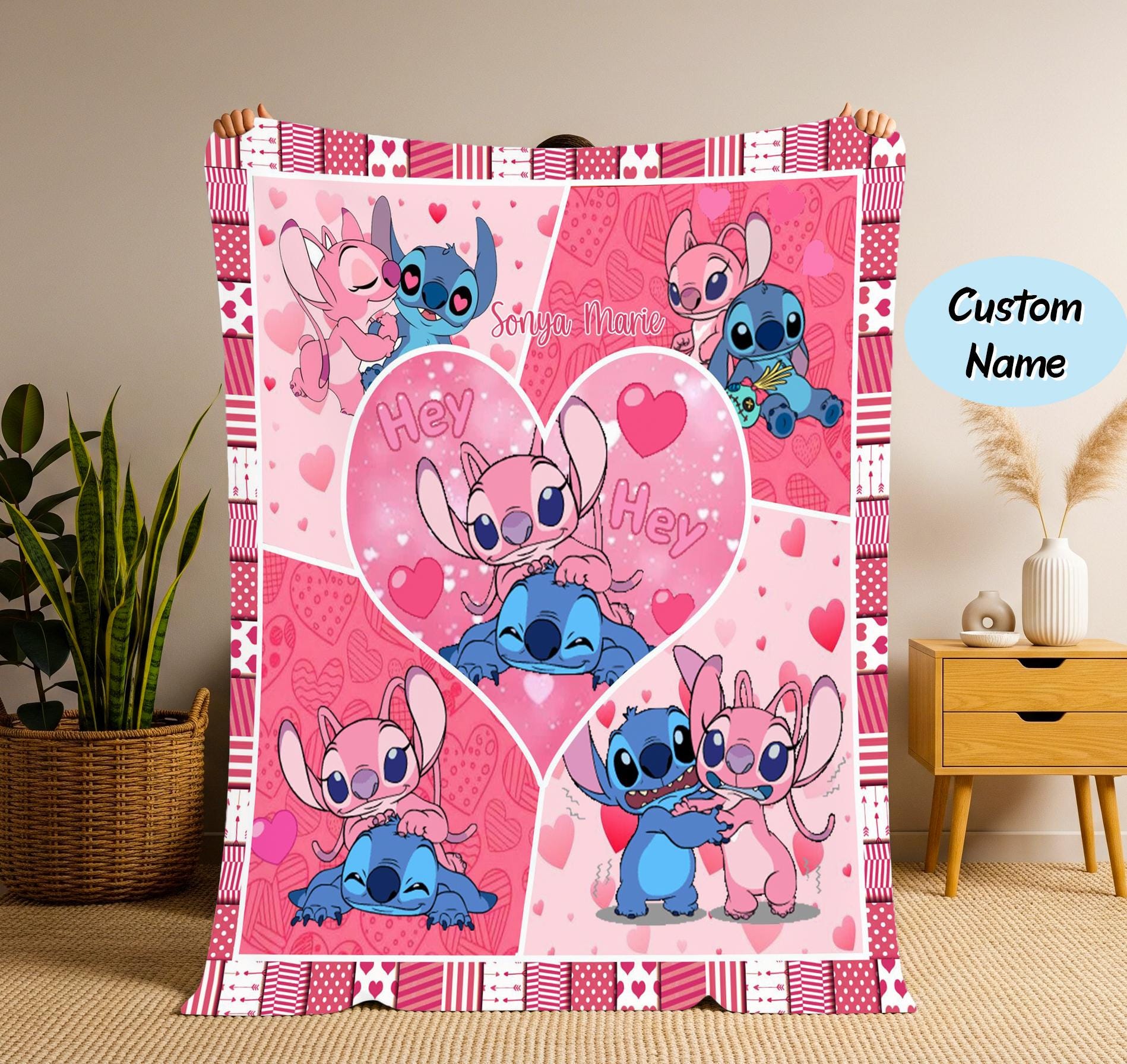 Discover Personalized Stitch And Angel Blanket, Custom Name Lilo And Stitch Blanket, Cartoon Birthday Gift, Valentine Gift Couple, Christmas Gift