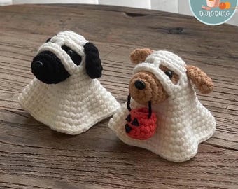 Crochet Ghost Puppy with Pumpkin Basket, Cute Halloween Amigurumi Plush, Handmade Dog Lover Gift, Halloween Decor, Trick or Treat Home Decor