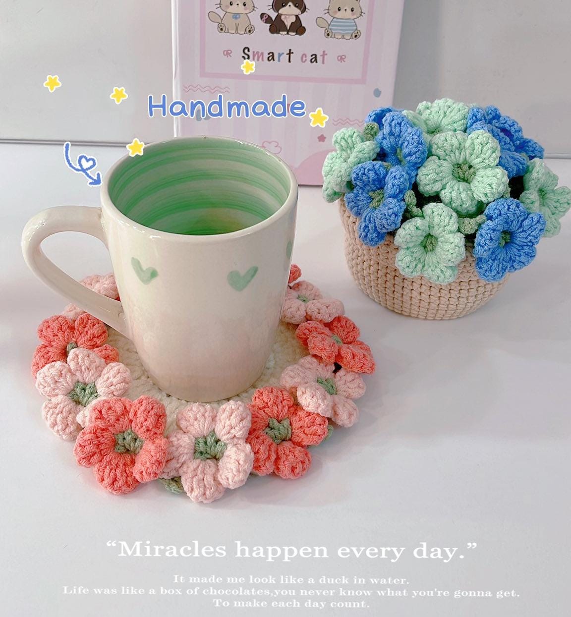 Handmade Crochet Flower Coaster With Basket, Crochet Rose Coasters, Crochet Flower Bouquet, Christmas Gift, Crochet Coaster, Gift for Her