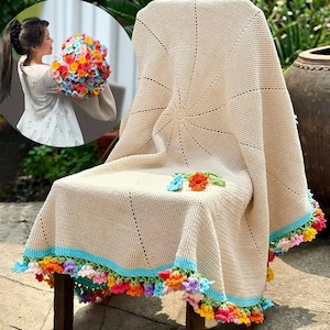 Crochet Flower Bouquet Blanket, Handmade Crochet Rose Bouquet Blanket, Soft Blanket,Christmas Gift, Wedding Gift,Gift For Her Halloween Gift
