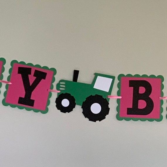 Hot Pink, Green and John Deere Tractor banner Happy Birthday Banner Il_570xn