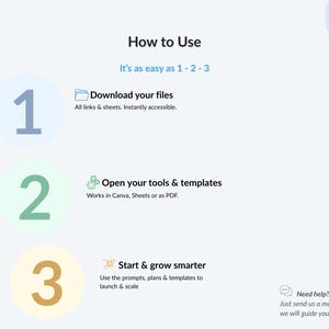Quick-start guide: download your files, open the tools in Canva or PDF, and launch smarter – no paid tools required.