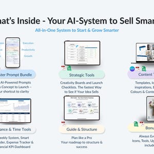 All-in-one AI business starter system – includes 60+ prompts, launch tools, finance planner, Canva templates & strategic checklists for creators.