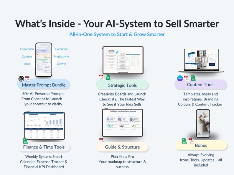 All-in-one AI business starter system – includes 60+ prompts, launch tools, finance planner, Canva templates & strategic checklists for creators.