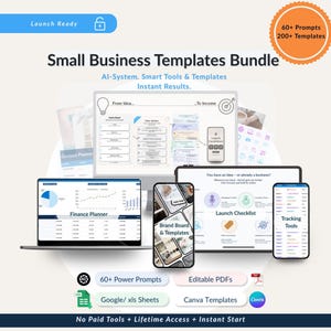Könnte beinhalten: Ein digitales Marketing-Bundle mit dem Text "Small Business Templates Bundle", das auf einem Laptop, Tablet und Smartphones angezeigt wird. Das Bild enthält Diagramme, Grafiken und den Text "60+ Prompts 200+ Templates".